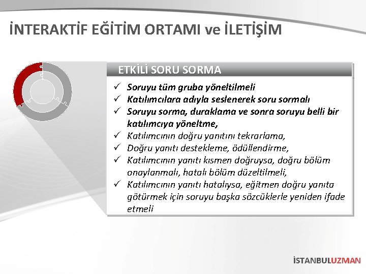 İNTERAKTİF EĞİTİM ORTAMI ve İLETİŞİM ETKİLİ SORU SORMA ü Soruyu tüm gruba yöneltilmeli ü