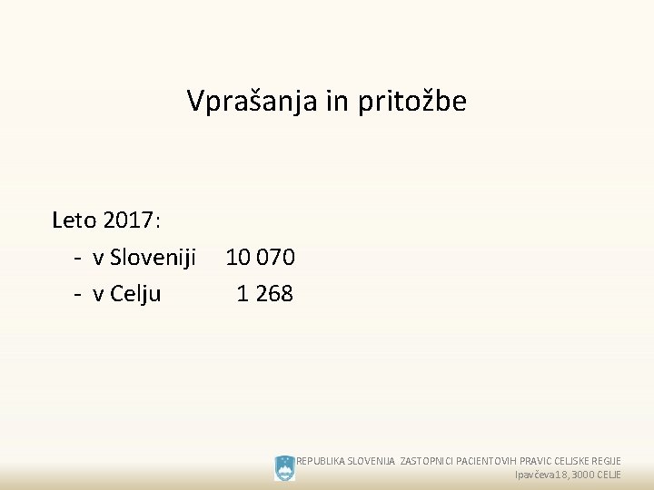 Vprašanja in pritožbe Leto 2017: - v Sloveniji - v Celju 10 070 1