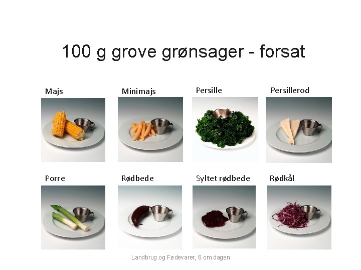 100 g grove grønsager - forsat Majs Minimajs Persillerod Porre Rødbede Syltet rødbede Rødkål