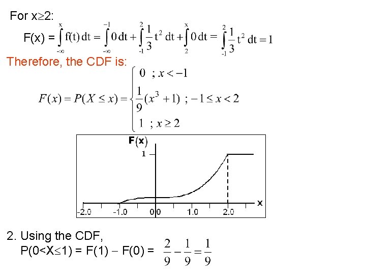 For x 2: F(x) = Therefore, the CDF is: 2. Using the CDF, P(0<X