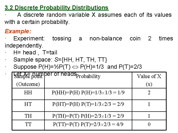 3. 2 Discrete Probability Distributions · A discrete random variable X assumes each of