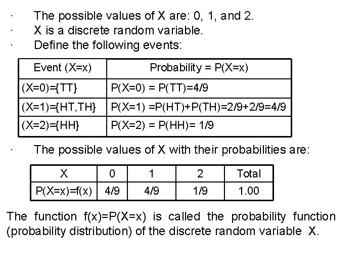 · The possible values of X are: 0, 1, and 2. · X is