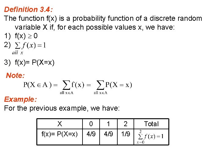 Definition 3. 4: The function f(x) is a probability function of a discrete random
