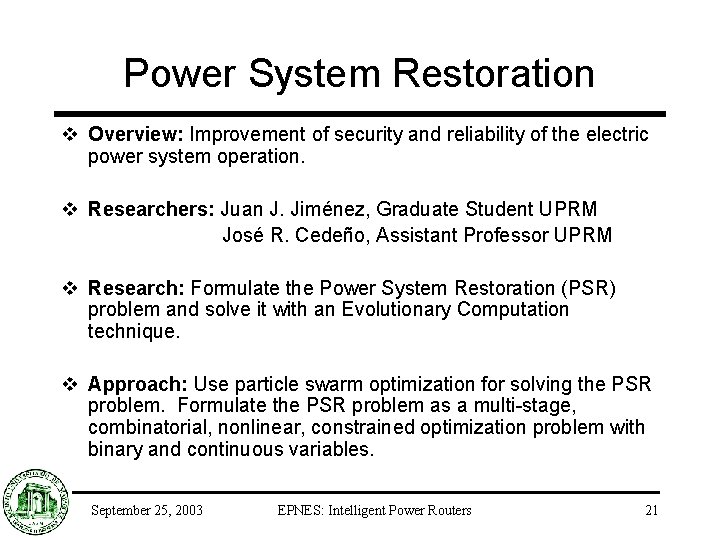 Power System Restoration v Overview: Improvement of security and reliability of the electric power