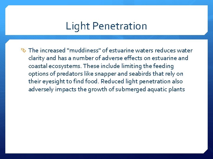 Light Penetration The increased "muddiness" of estuarine waters reduces water clarity and has a