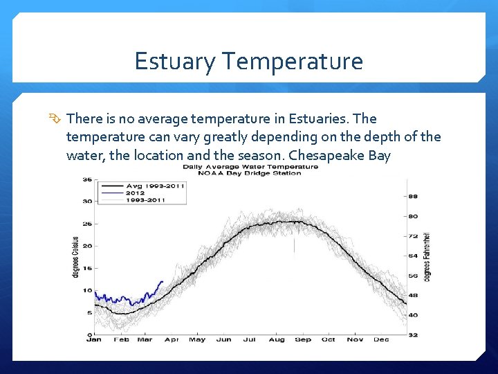 Estuary Temperature There is no average temperature in Estuaries. The temperature can vary greatly