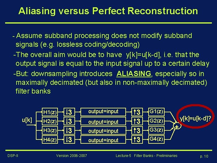 Aliasing versus Perfect Reconstruction - Assume subband processing does not modify subband signals (e.