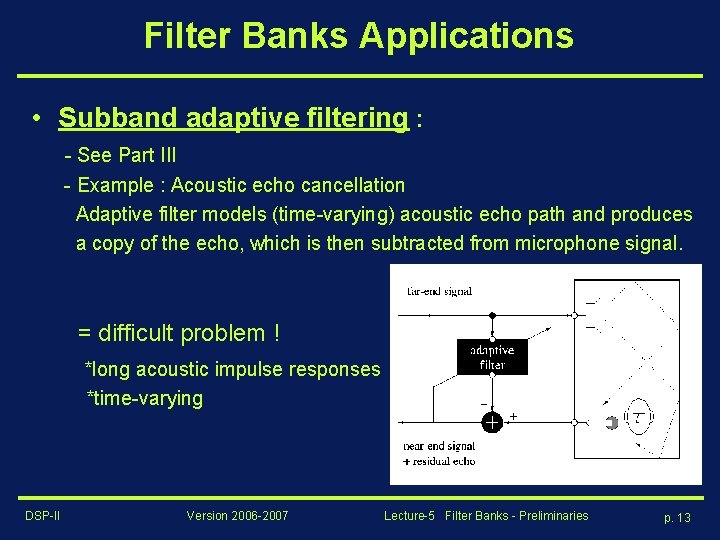 Filter Banks Applications • Subband adaptive filtering : - See Part III - Example
