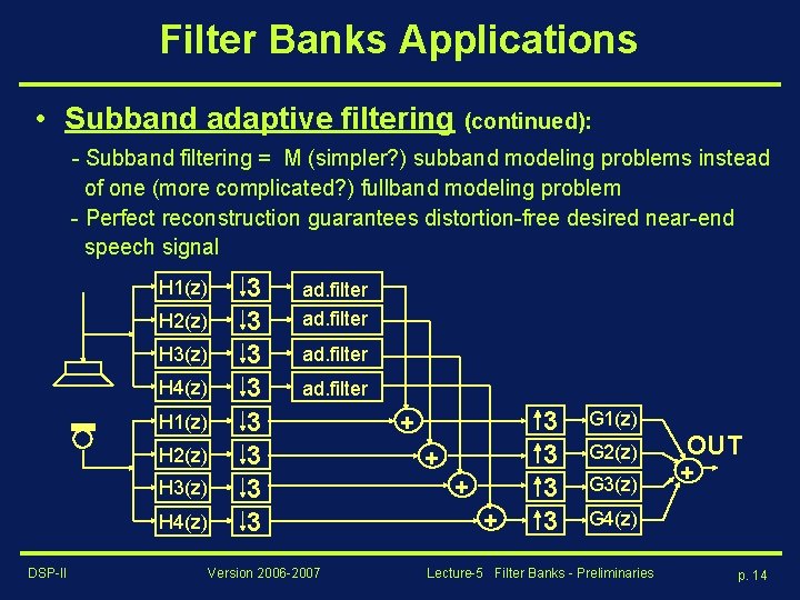 Filter Banks Applications • Subband adaptive filtering (continued): - Subband filtering = M (simpler?