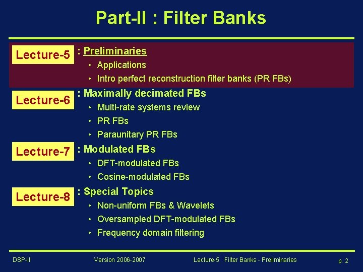 Part-II : Filter Banks Lecture-5 : Preliminaries • Applications • Intro perfect reconstruction filter