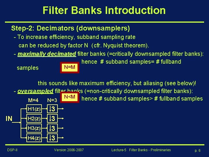 Filter Banks Introduction Step-2: Decimators (downsamplers) - To increase efficiency, subband sampling rate can