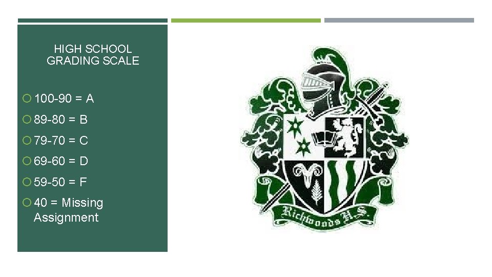 HIGH SCHOOL GRADING SCALE 100 -90 = A 89 -80 = B 79 -70