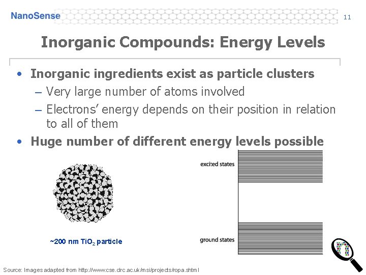 11 Inorganic Compounds: Energy Levels • Inorganic ingredients exist as particle clusters – Very