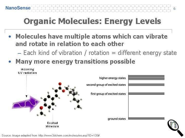6 Organic Molecules: Energy Levels • Molecules have multiple atoms which can vibrate and