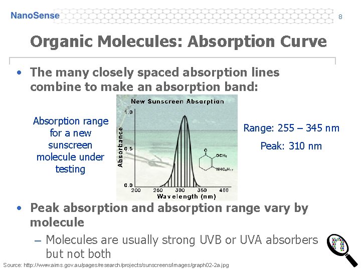8 Organic Molecules: Absorption Curve • The many closely spaced absorption lines combine to