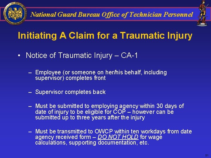 National Guard Bureau Office of Technician Personnel Initiating A Claim for a Traumatic Injury