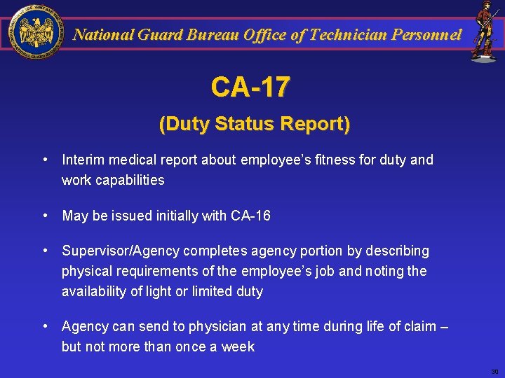 National Guard Bureau Office of Technician Personnel CA-17 (Duty Status Report) • Interim medical