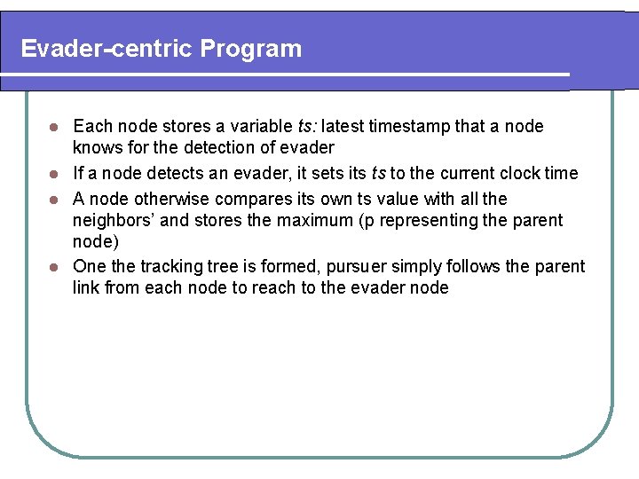 Evader-centric Program Each node stores a variable ts: latest timestamp that a node knows