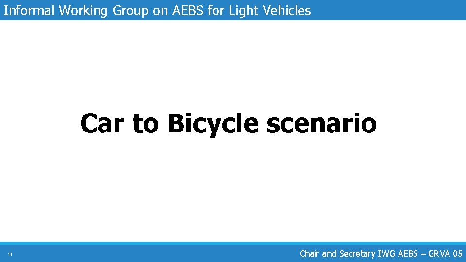 Informal Working Group on AEBS for Light Vehicles Car to Bicycle scenario 11 Chair