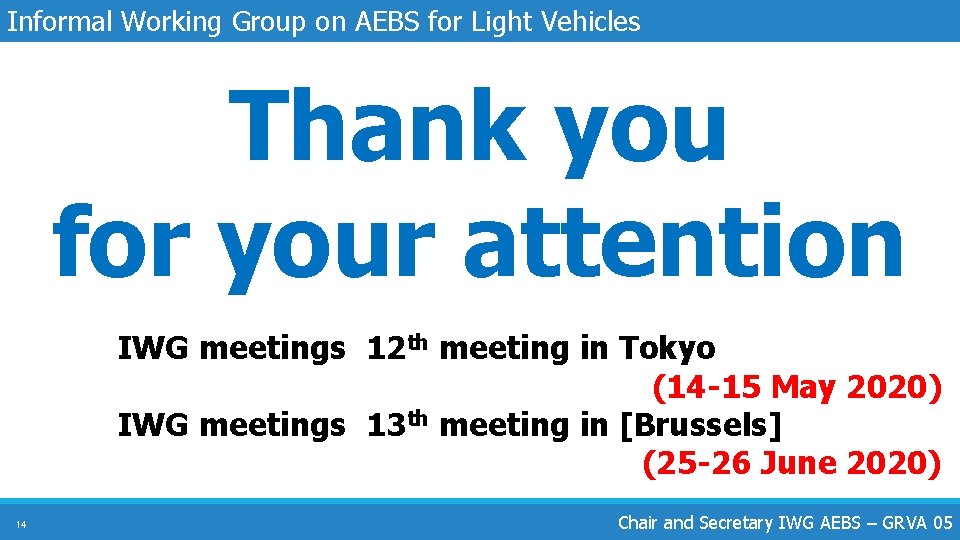 Informal Working Group on AEBS for Light Vehicles Thank you for your attention IWG