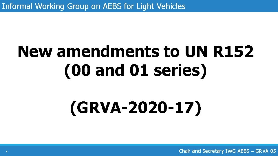 Informal Working Group on AEBS for Light Vehicles New amendments to UN R 152