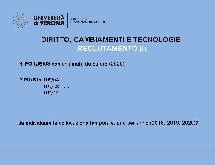 DIRITTO, CAMBIAMENTI E TECNOLOGIE RECLUTAMENTO (I) 1 PO IUS/03 con chiamata da estero (2020)