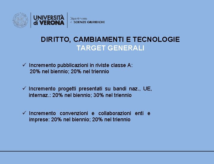 DIRITTO, CAMBIAMENTI E TECNOLOGIE TARGET GENERALI ü Incremento pubblicazioni in riviste classe A: 20%