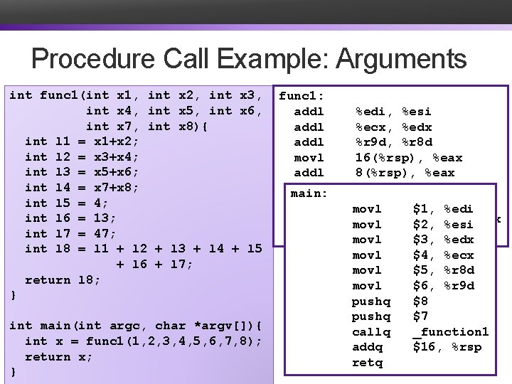 Procedure Call Example: Arguments int func 1(int x 1, int x 2, int x