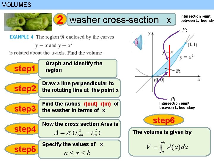 VOLUMES 2 step 1 washer cross-section x Graph and Identify the region step 2