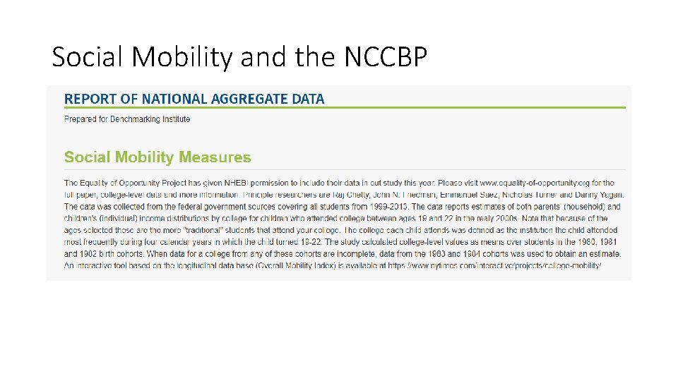 Social Mobility and the NCCBP 