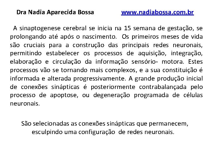 Dra Nadia Aparecida Bossa www. nadiabossa. com. br A sinaptogenese cerebral se inicia na