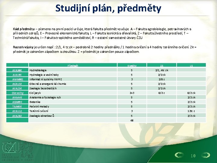 Studijní plán, předměty Kód předmětu – písmeno na první pozici určuje, která fakulta předmět