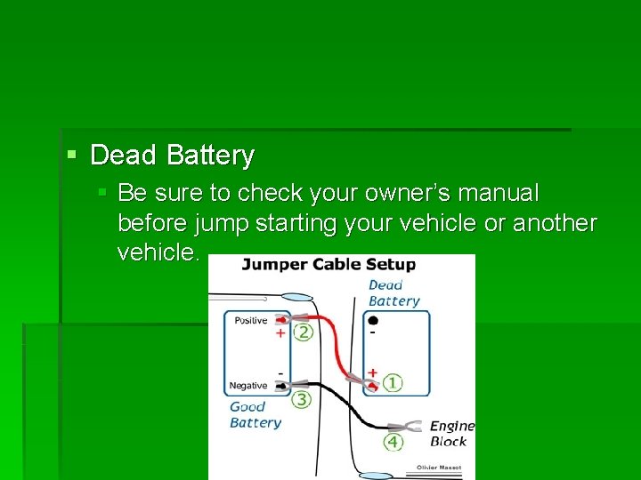 § Dead Battery § Be sure to check your owner’s manual before jump starting