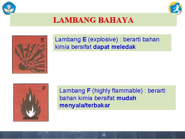 LAMBANG BAHAYA Lambang E (explosive) : berarti bahan kimia bersifat dapat meledak Lambang F