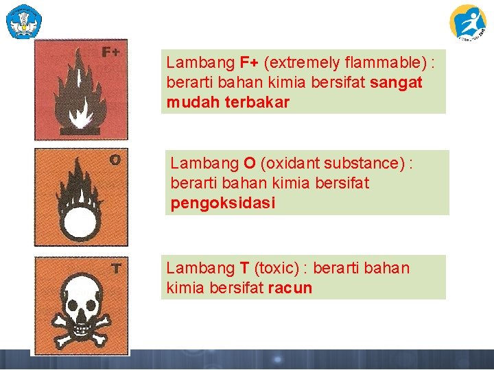 Lambang F+ (extremely flammable) : berarti bahan kimia bersifat sangat mudah terbakar Lambang O