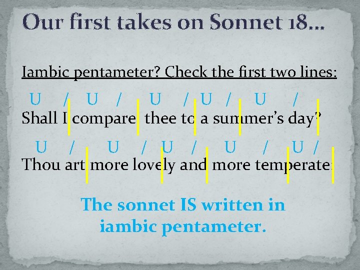 Our first takes on Sonnet 18… Iambic pentameter? Check the first two lines: U