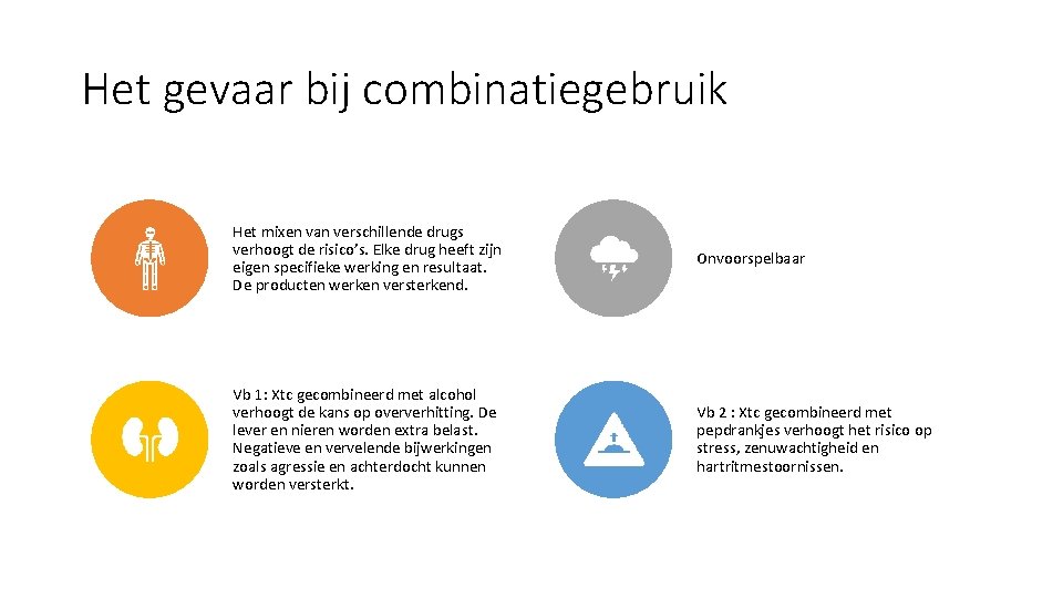 Het gevaar bij combinatiegebruik Het mixen van verschillende drugs verhoogt de risico’s. Elke drug