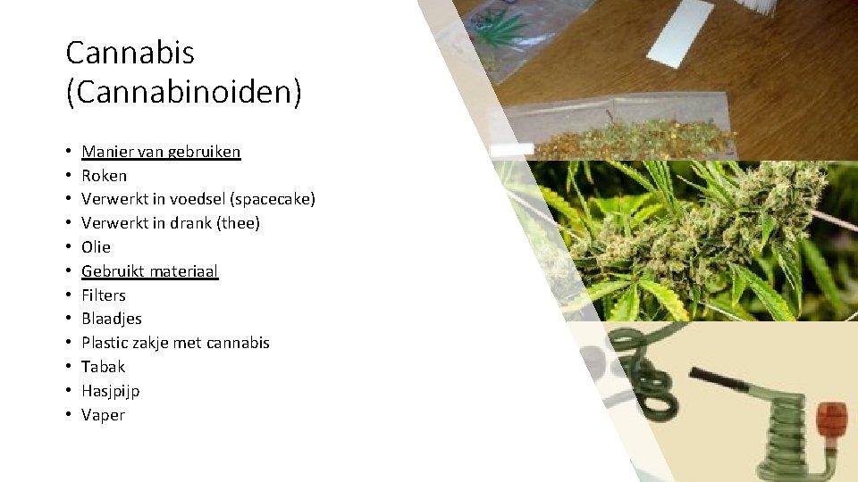 Cannabis (Cannabinoiden) • • • Manier van gebruiken Roken Verwerkt in voedsel (spacecake) Verwerkt