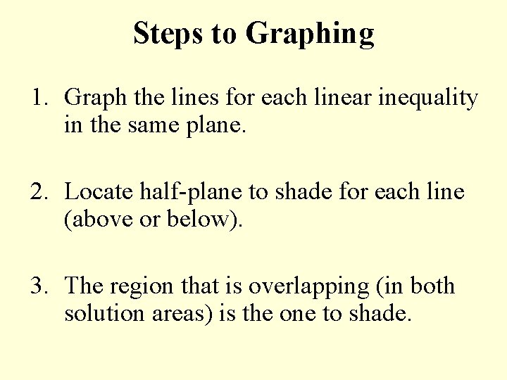 Steps to Graphing 1. Graph the lines for each linear inequality in the same