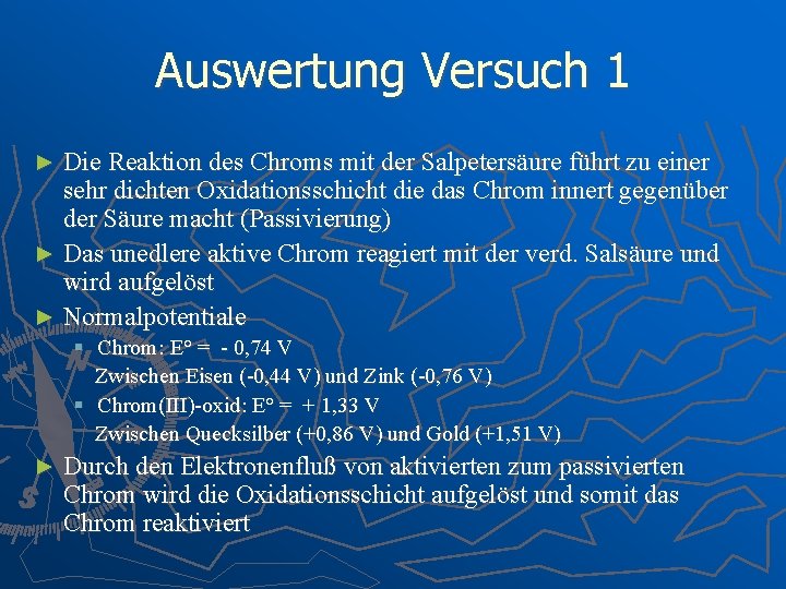 Auswertung Versuch 1 Die Reaktion des Chroms mit der Salpetersäure führt zu einer sehr