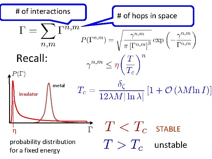 # of interactions # of hops in space Recall: metal insulator h probability distribution