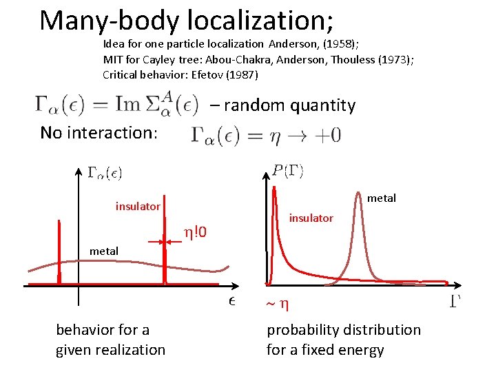 Many-body localization; Idea for one particle localization Anderson, (1958); MIT for Cayley tree: Abou-Chakra,