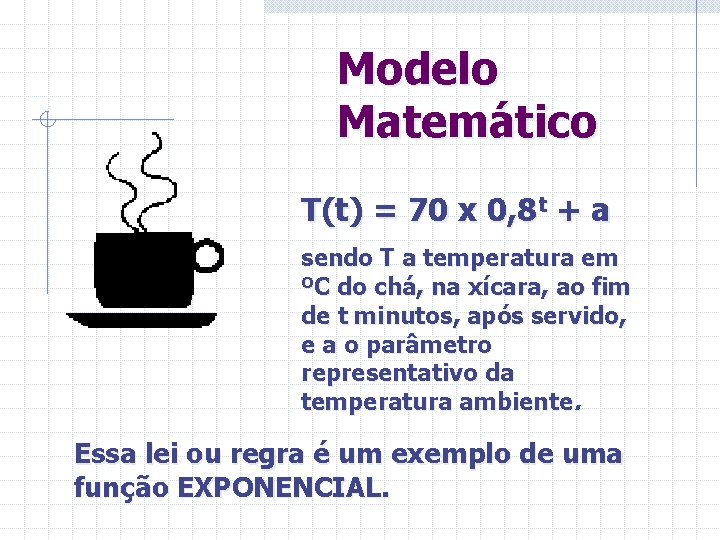 Modelo Matemático T(t) = 70 x 0, 8 t + a sendo T a