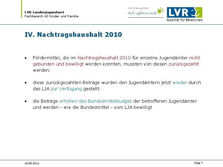LVR-Landesjugendamt Fachbereich 42 Kinder und Familie IV. Nachtragshaushalt 2010 • Fördermittel, die im Nachtragshaushalt