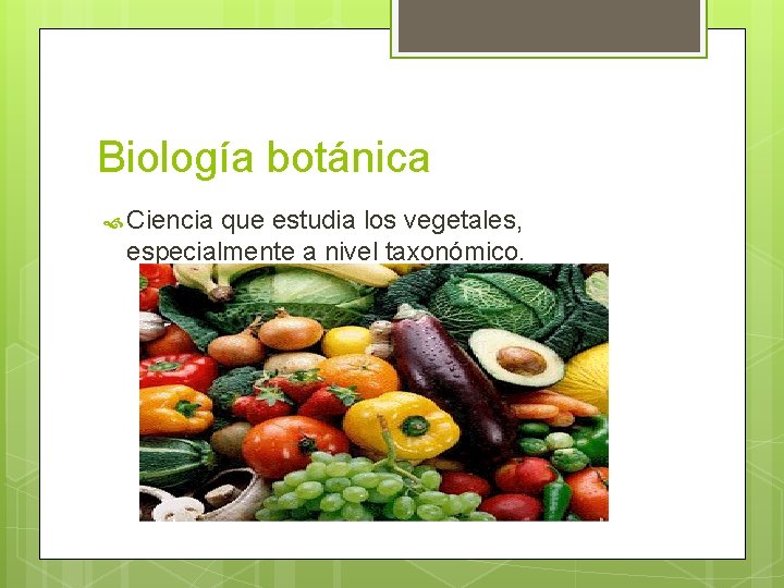 Biología botánica Ciencia que estudia los vegetales, especialmente a nivel taxonómico. 