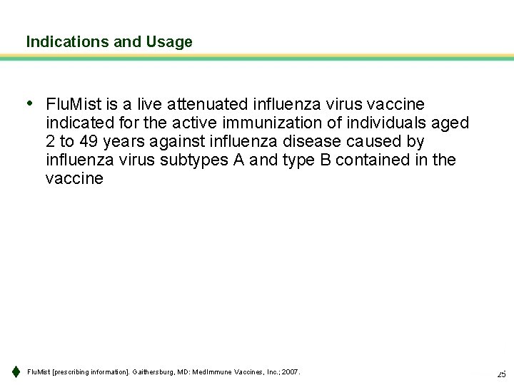 Indications and Usage • Flu. Mist is a live attenuated influenza virus vaccine indicated