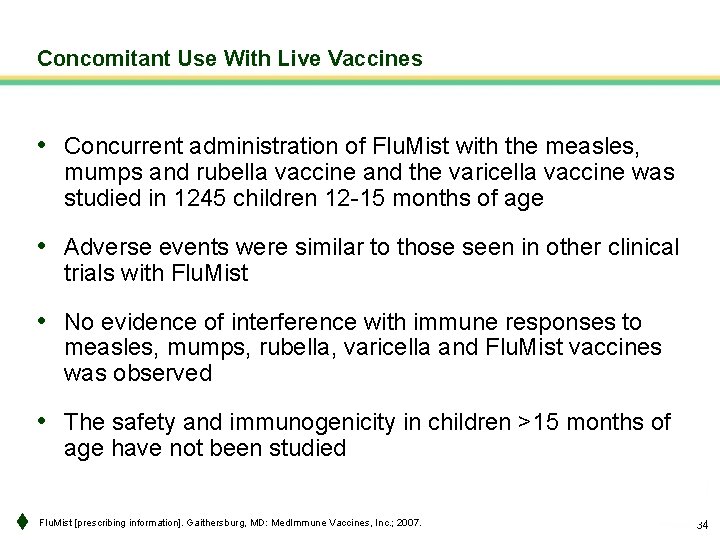 Concomitant Use With Live Vaccines • Concurrent administration of Flu. Mist with the measles,