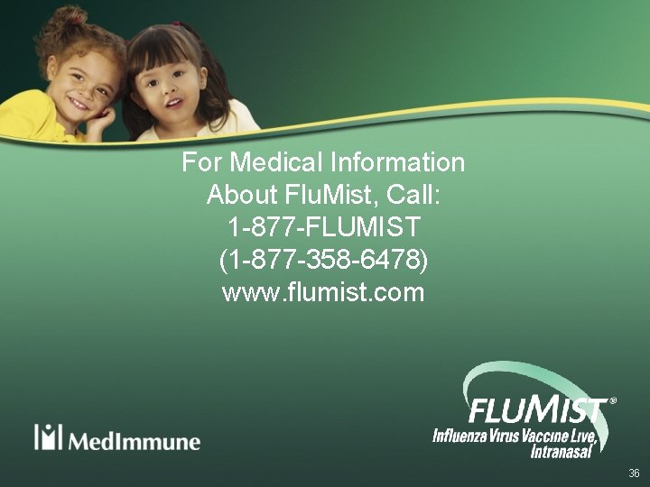 For Medical Information About Flu. Mist, Call: 1 -877 -FLUMIST (1 -877 -358 -6478)