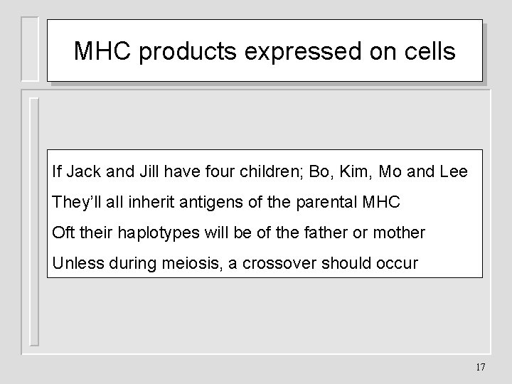 MHC products expressed on cells If Jack and Jill have four children; Bo, Kim,