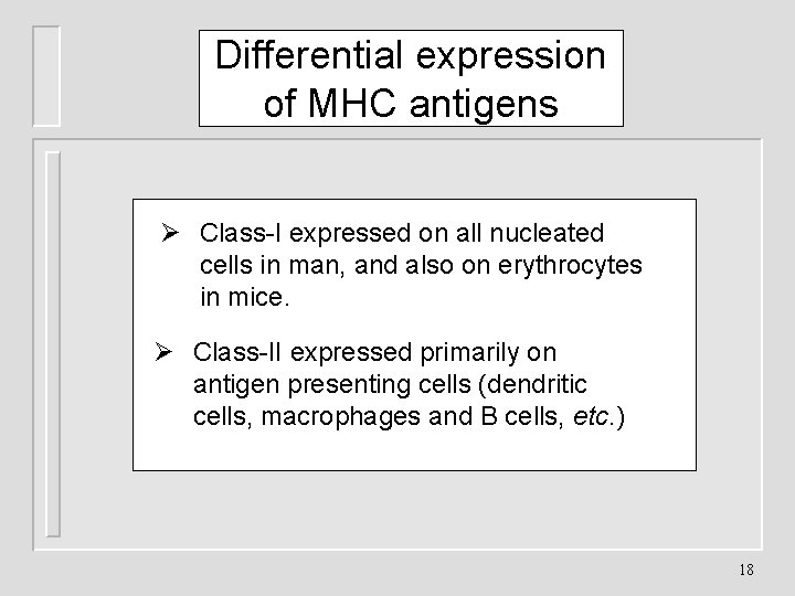 Differential expression of MHC antigens Ø Class-I expressed on all nucleated cells in man,